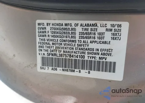 2007 Honda Odyssey Ex-L z USA, uszkodzony, nr VIN 5FNRL38757B414100